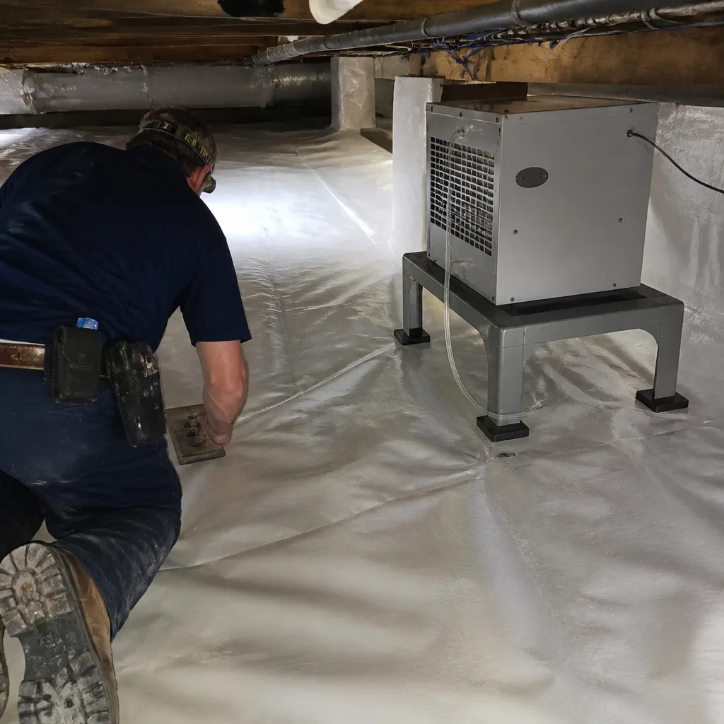 Technician installing professional crawl space encapsulation and vapor barrier insulation