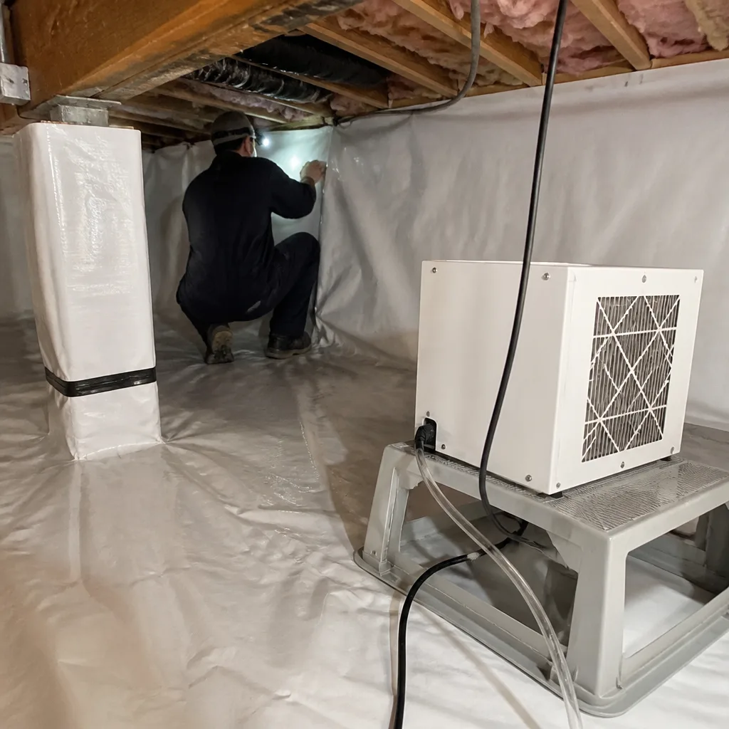 Technician performing crawl space encapsulation and vapor barrier installation
