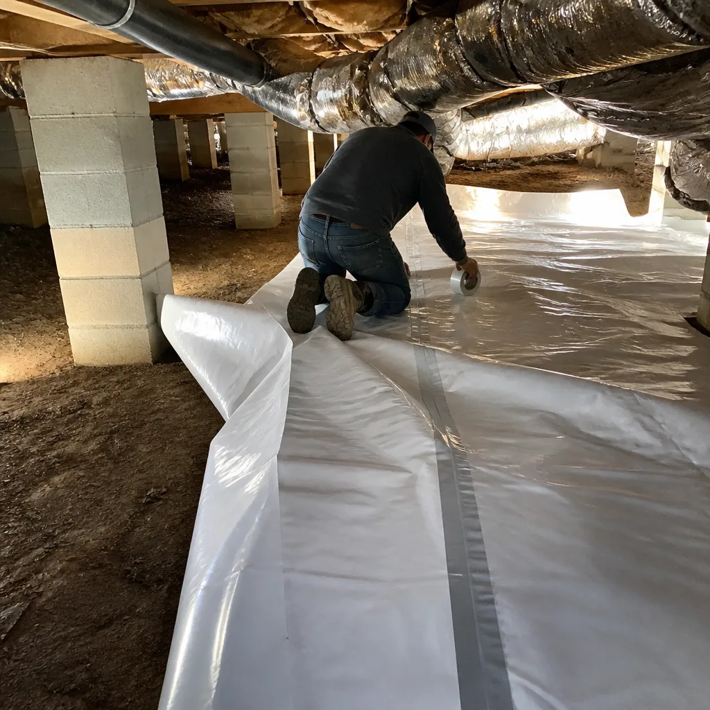 Technician installing crawl space vapor barrier insulation