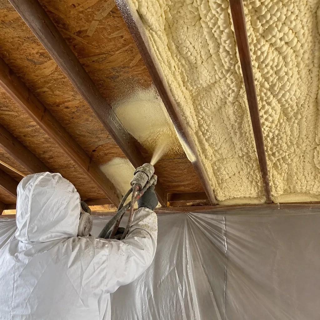 Professional applying spray foam insulation to a wooden ceiling