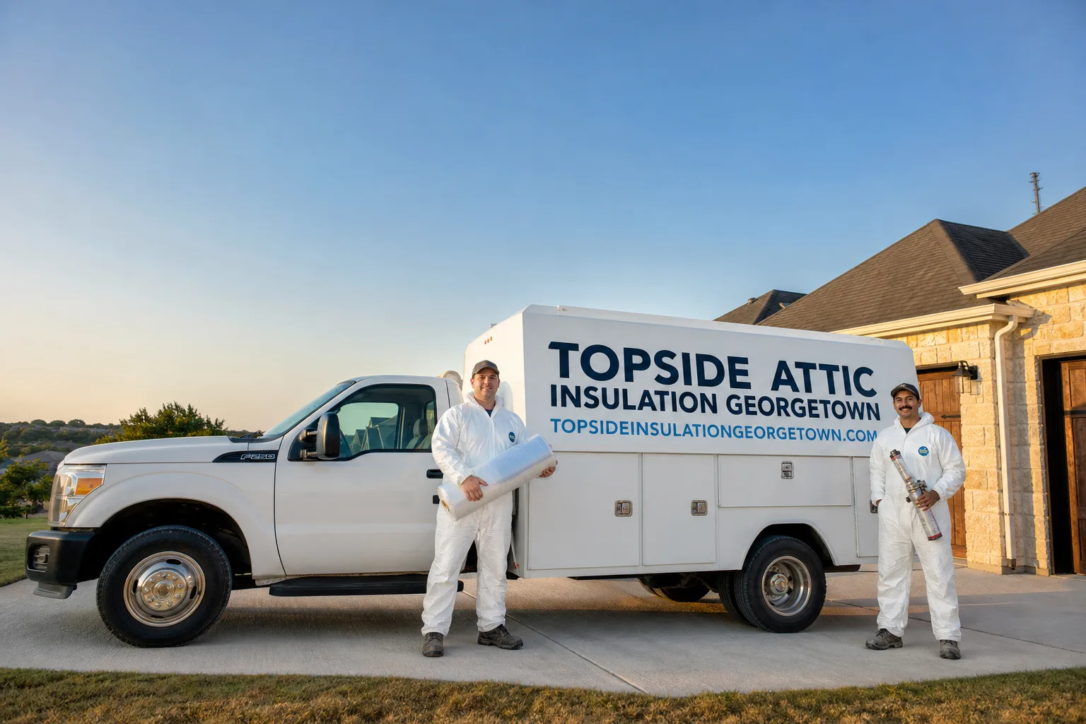 Topside Attic Insulation Georgetown insulation service vehicle and crew in Georgetown, TX